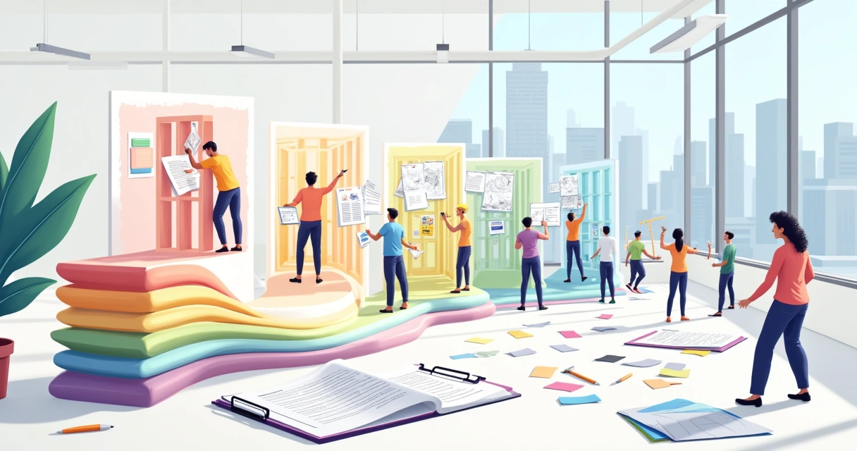 Ilustração de um escritório em reforma, com um cronograma colorido e trabalhadores em diferentes etapas da obra.