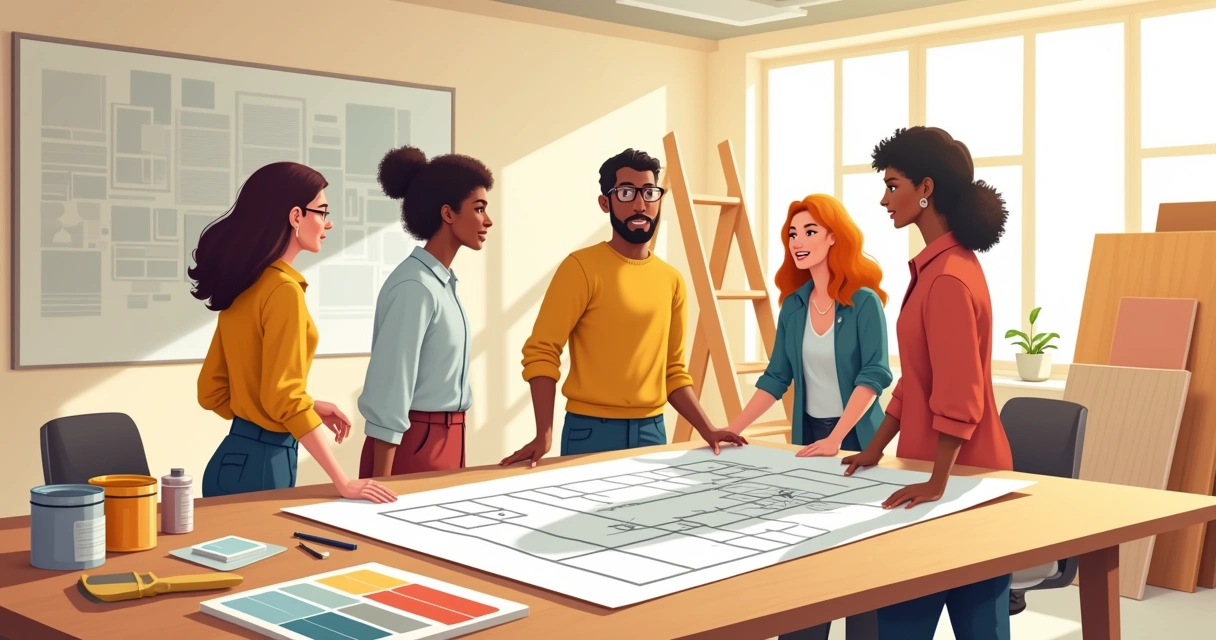 Equipe colaborando em uma reforma de escritório, com ferramentas e materiais de construção ao fundo.