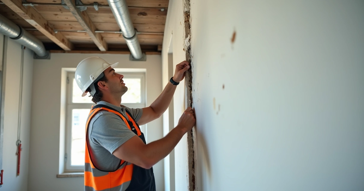 Mestre de obra verificando instalação elétrica em imóvel durante reforma 