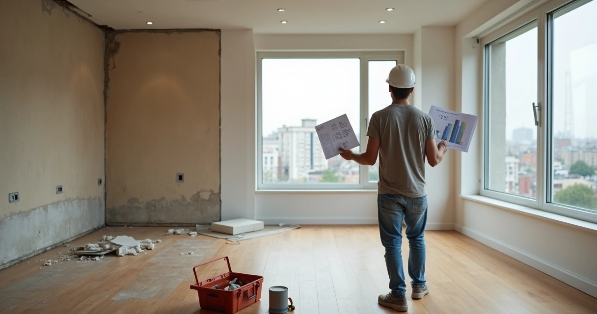 Sala de apartamento em reforma com projeto de investimento imobiliário 