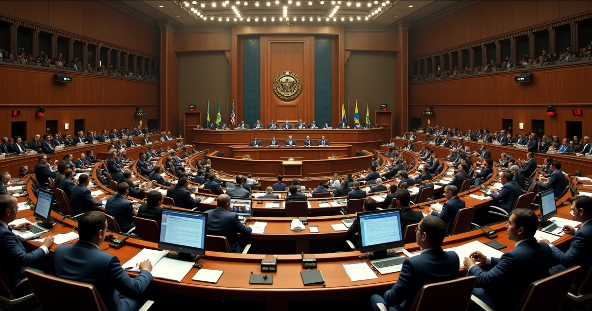 Sala de plenário com parlamentares discutindo reforma legislativa federal