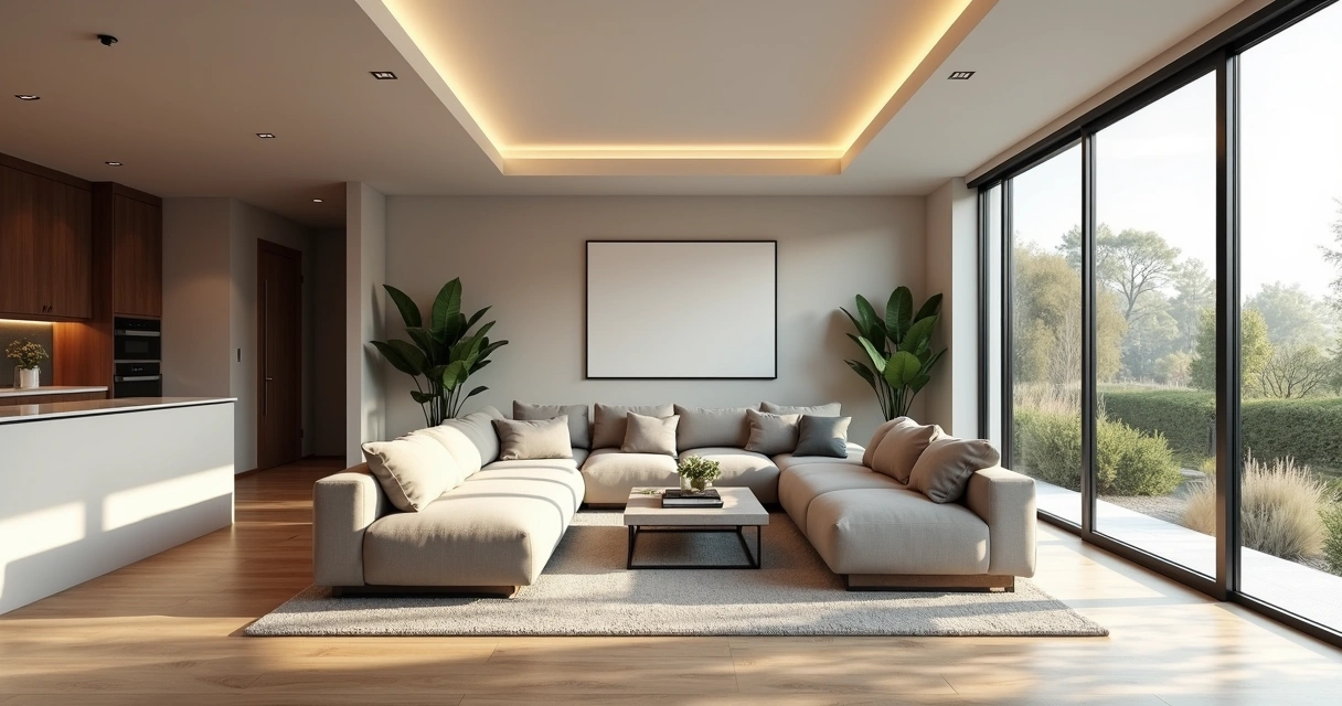 Sala moderna reformada com decoração elegante e iluminação natural abundante 