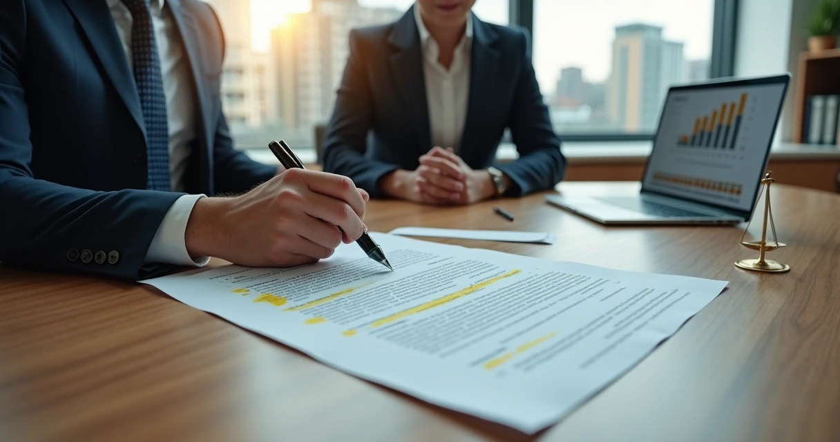 Mesa de reunião com contrato de trabalho sendo revisado por advogado e empresária 