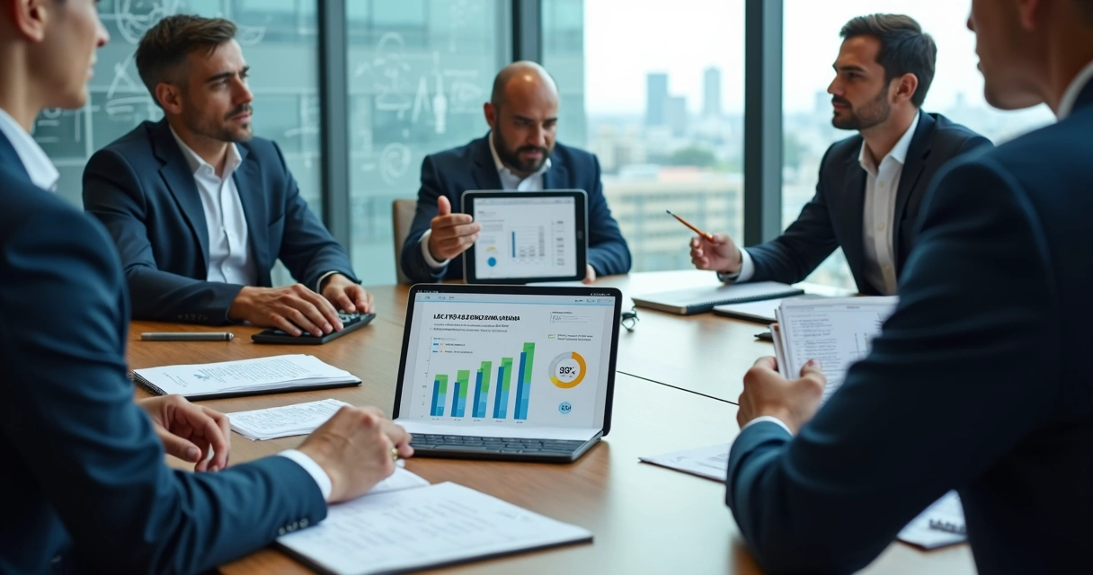 Profissionais analisando gráficos e lei de reforma da tributação da renda em escritório corporativo 