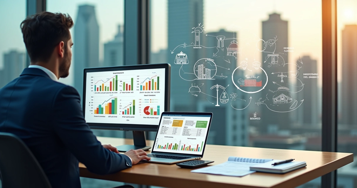 Profissional analisa gráficos de impostos sobre serviços com ícones de bancos e empresas 