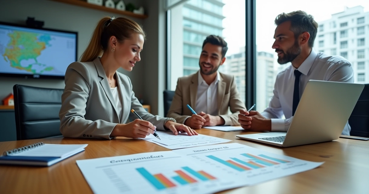 Corretora mostrando contrato de aluguel e gráficos de impostos para casal em escritório moderno 