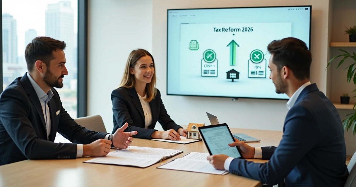 Corretora explicando novas regras de aluguel com reforma tributária a casal em escritório moderno 