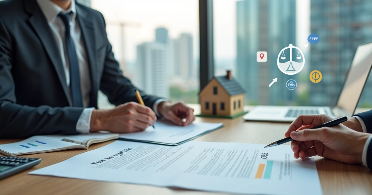 Corretor e cliente analisando contrato de aluguel com ícones de tributos ao fundo 