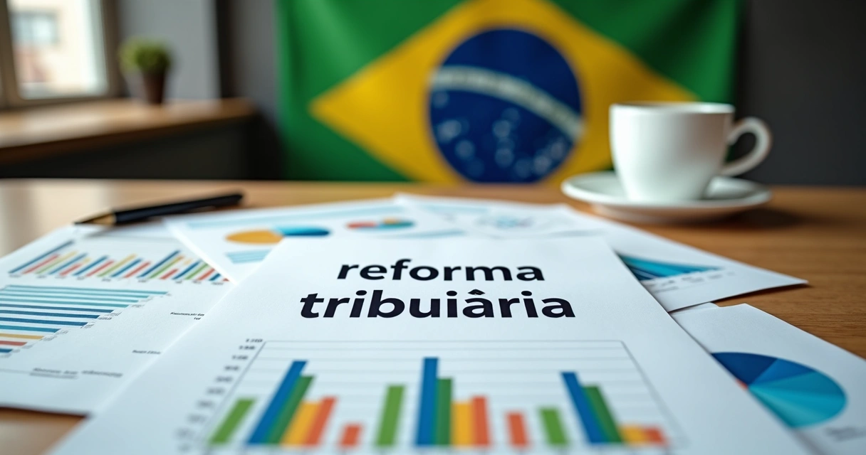 Papel com a expressão 'reforma tributária' em destaque e gráficos de impostos
