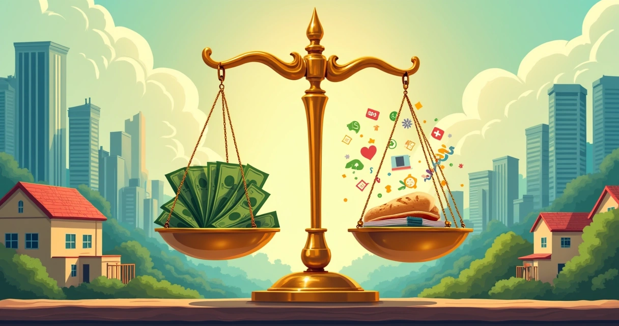 Ilustração que representa a reforma tributária no Brasil, com balança simbolizando riqueza e necessidade.