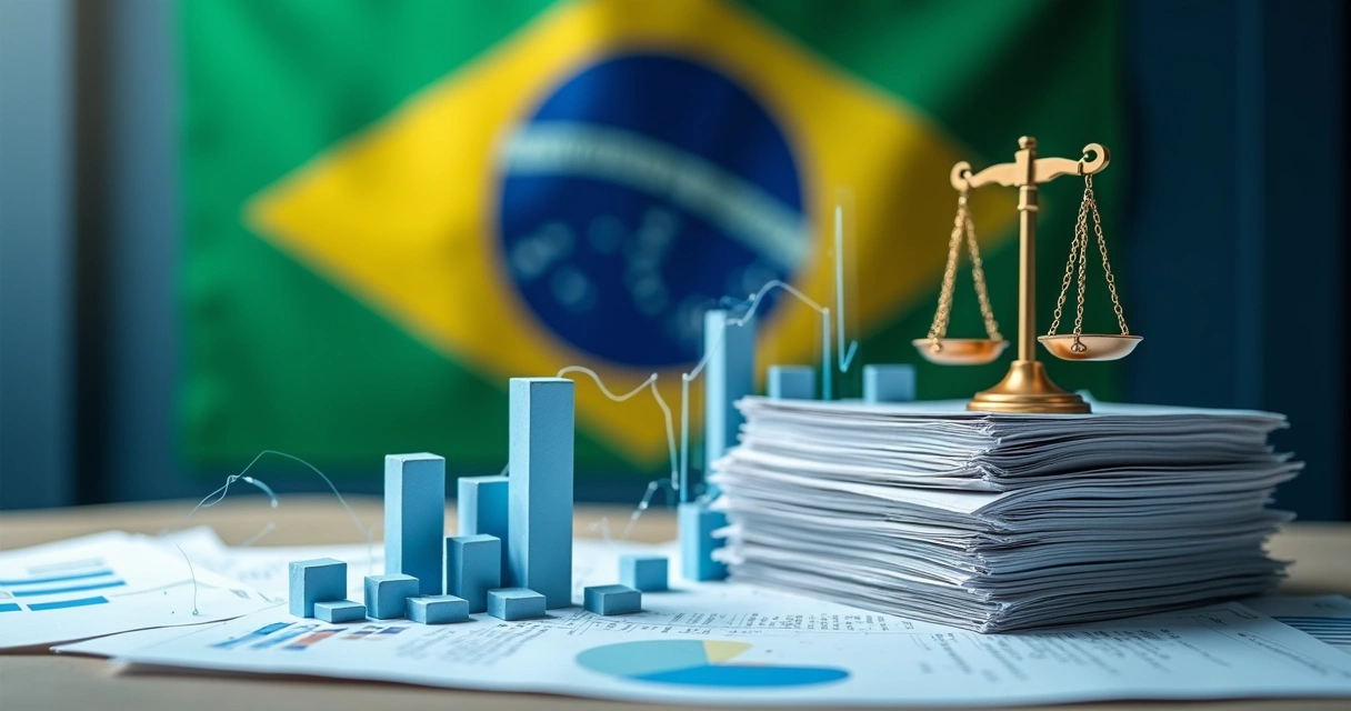 Símbolos de reforma tributária, pilhas de documentos fiscais e gráficos conectando códigos de mercadoria 