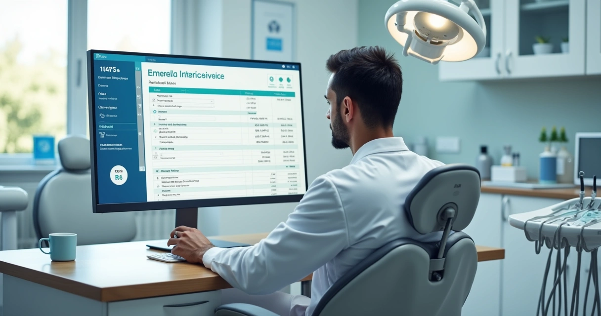 Dentista em consultório analisando nota fiscal eletrônica em tela com ícones de impostos 