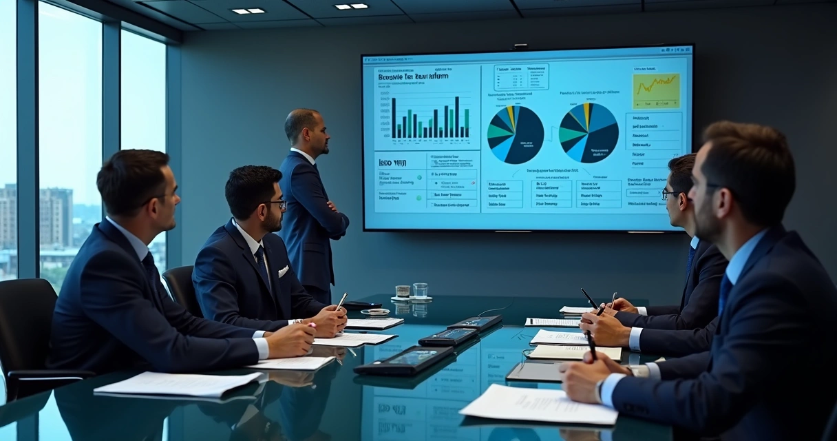 Executivos analisando gráficos sobre reforma tributária em reunião