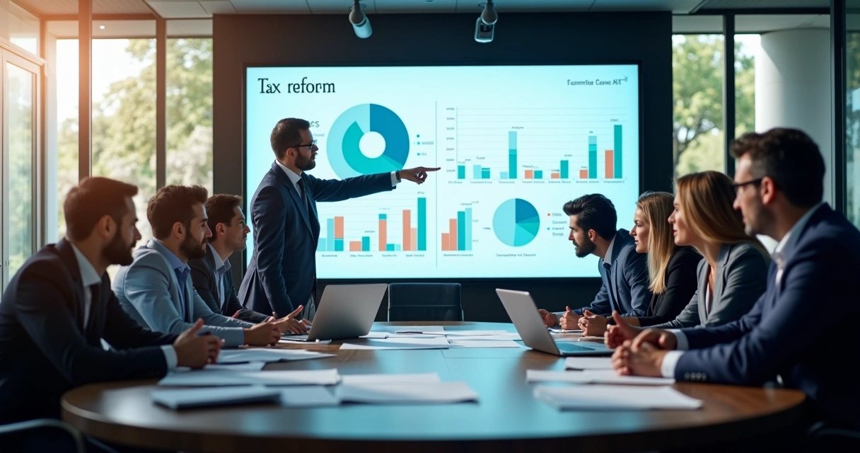 Empresários analisam gráficos e mudanças tributárias em uma mesa de reunião 