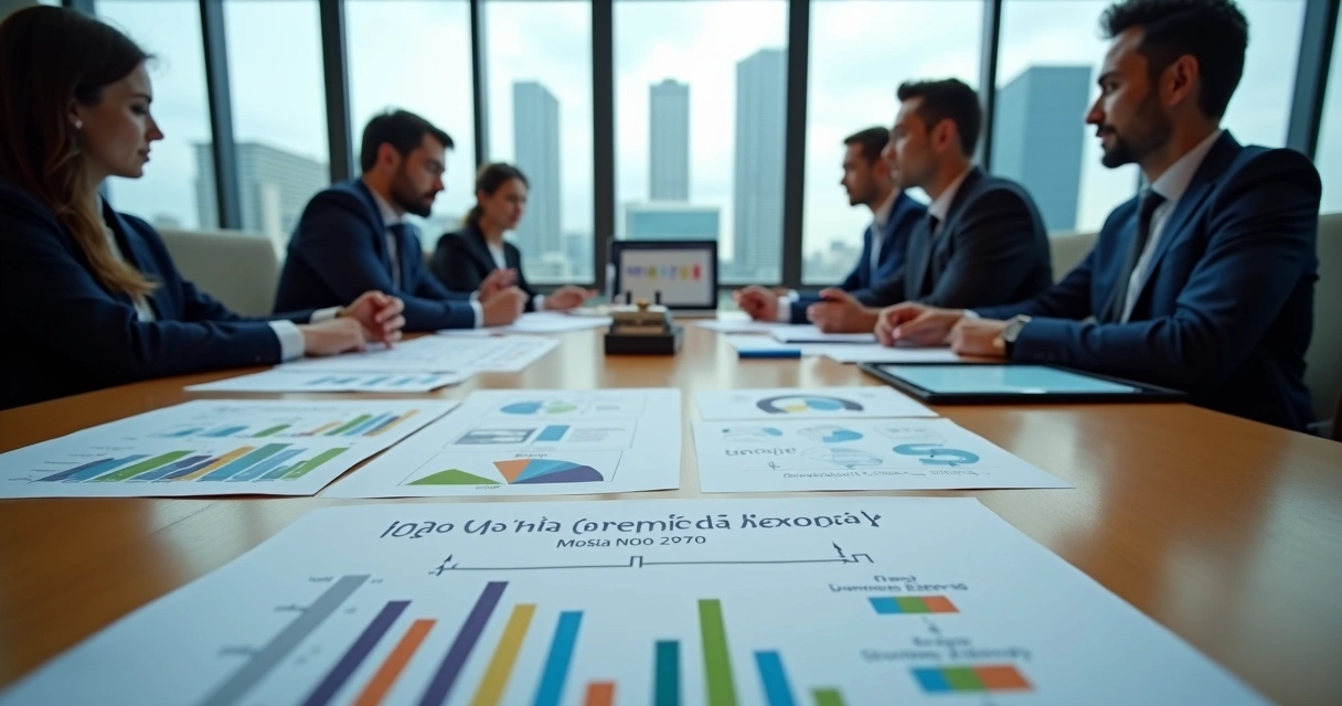 Executivos analisando gráficos de impostos em reunião sobre reforma tributária 