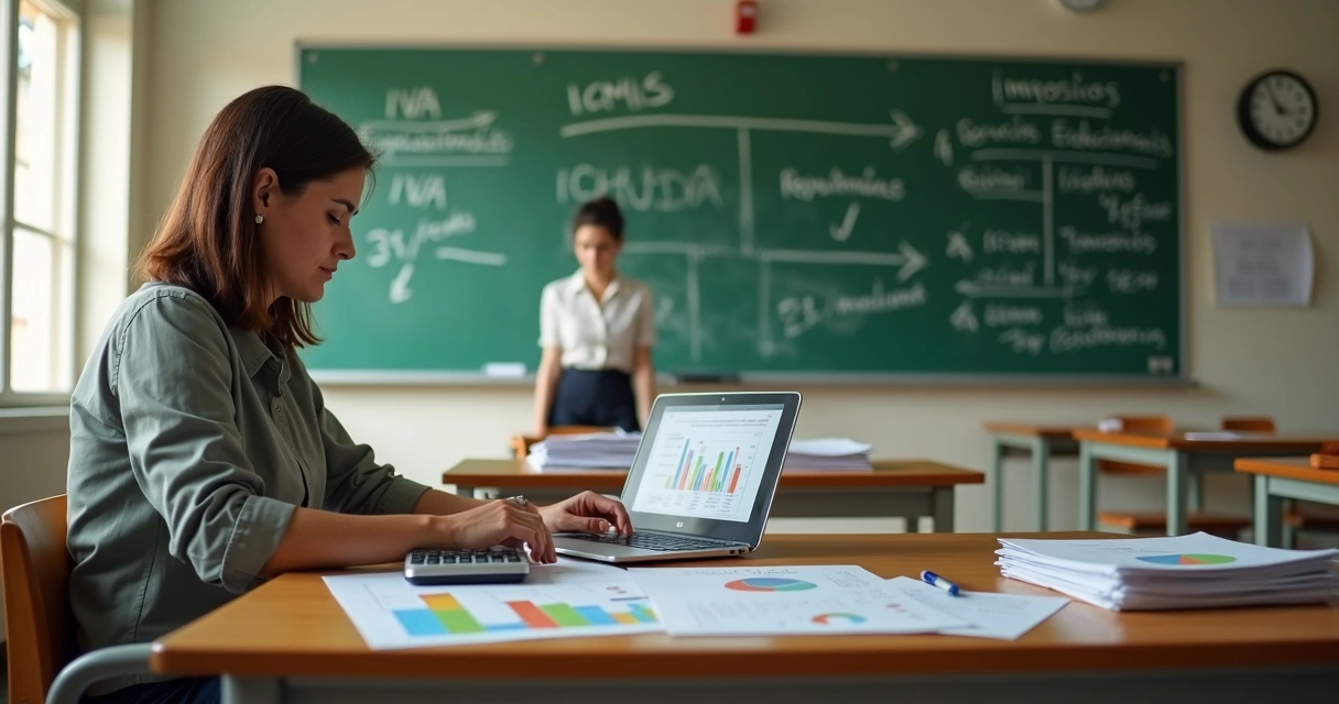Diretora de escola analisa documentos fiscais em sala de aula vazia 