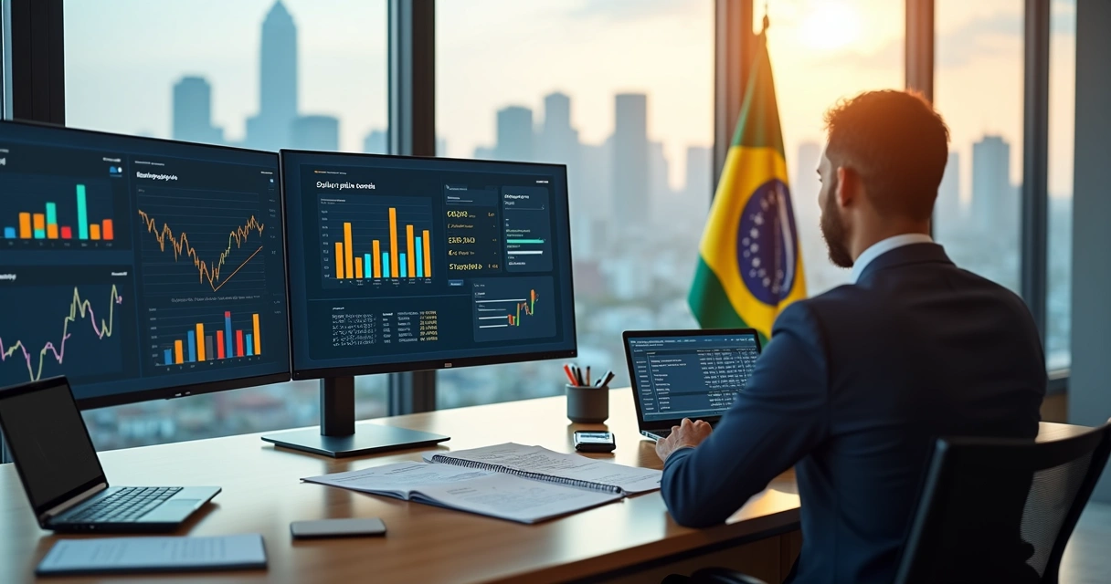 Gestor financeiro analisando gráficos de impostos em tela com bandeira do Brasil ao fundo 