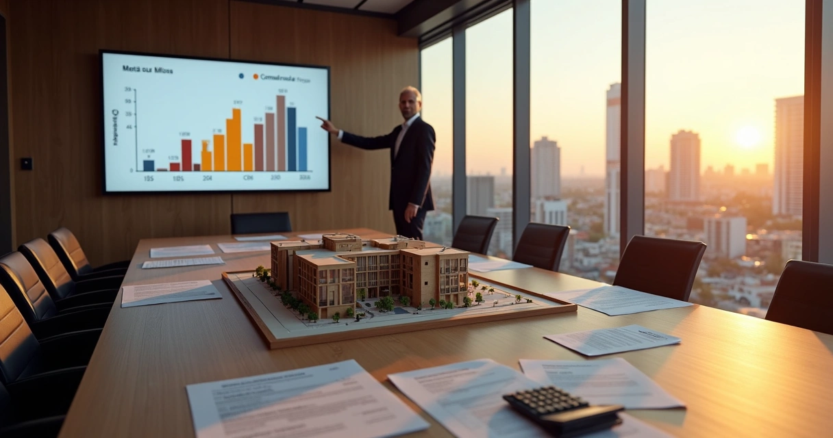 Sala de reunião com tabela fiscal projetada ao lado de maquete de prédio residencial 