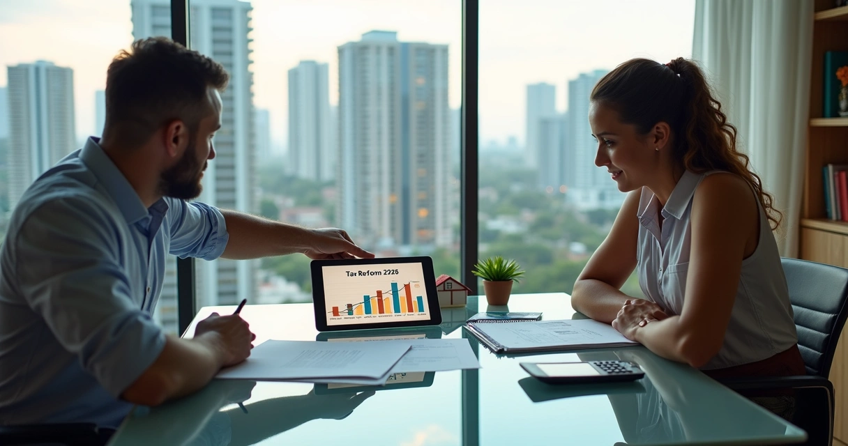 Corretor mostra gráfico de reforma tributária para casal em frente a imóveis urbanos 