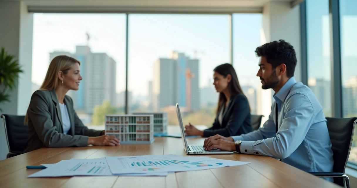 Corretor e casal analisando gráfico de impostos sobre compra de imóvel novo 