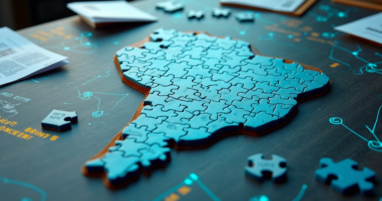 Quebra-cabeça fiscal com peças desalinhadas e ícones de impostos e integrações digitais 