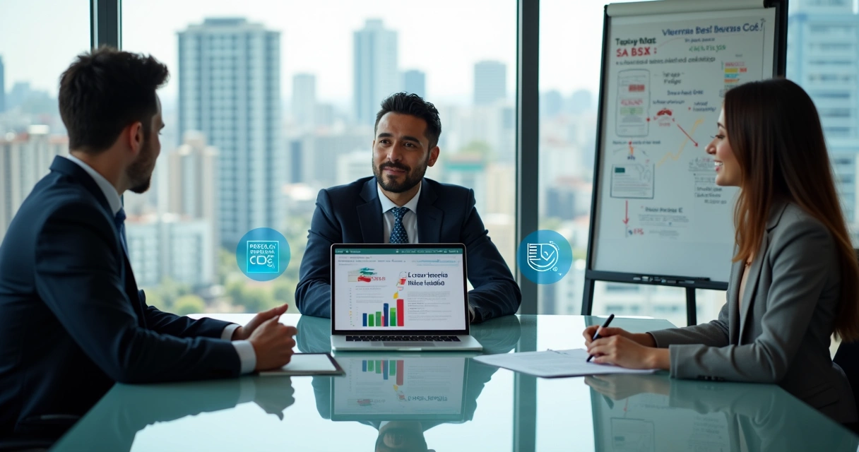 Corretor mostrando gráficos tributários em tablet na frente de imóveis comerciais 