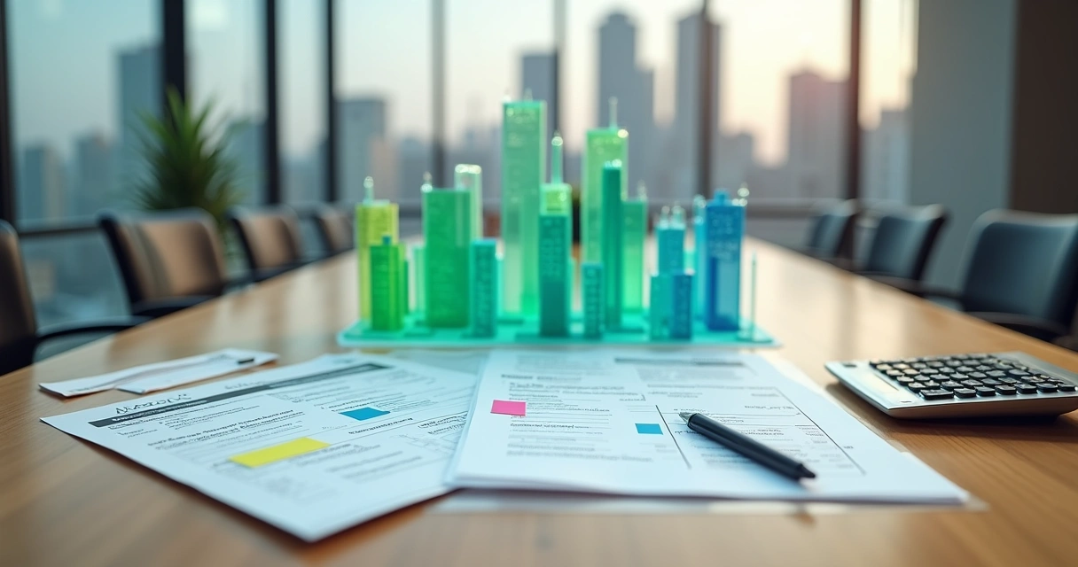 Notas fiscais destacadas sobre mesa com documentos e mini skyline de cidade ao fundo 