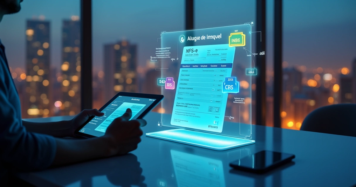 Dashboard futurista com nota fiscal eletrônica de aluguel e ícones de tributos 