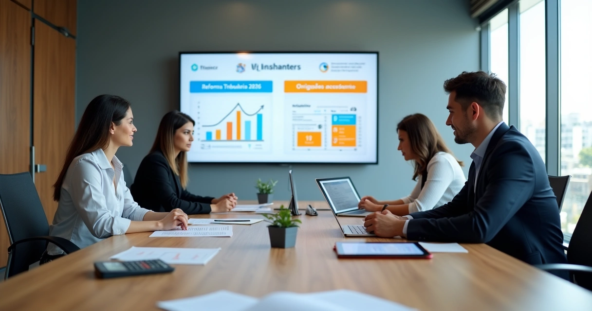 Empresários analisando gráficos sobre reforma tributária e obrigações acessórias em 2026 