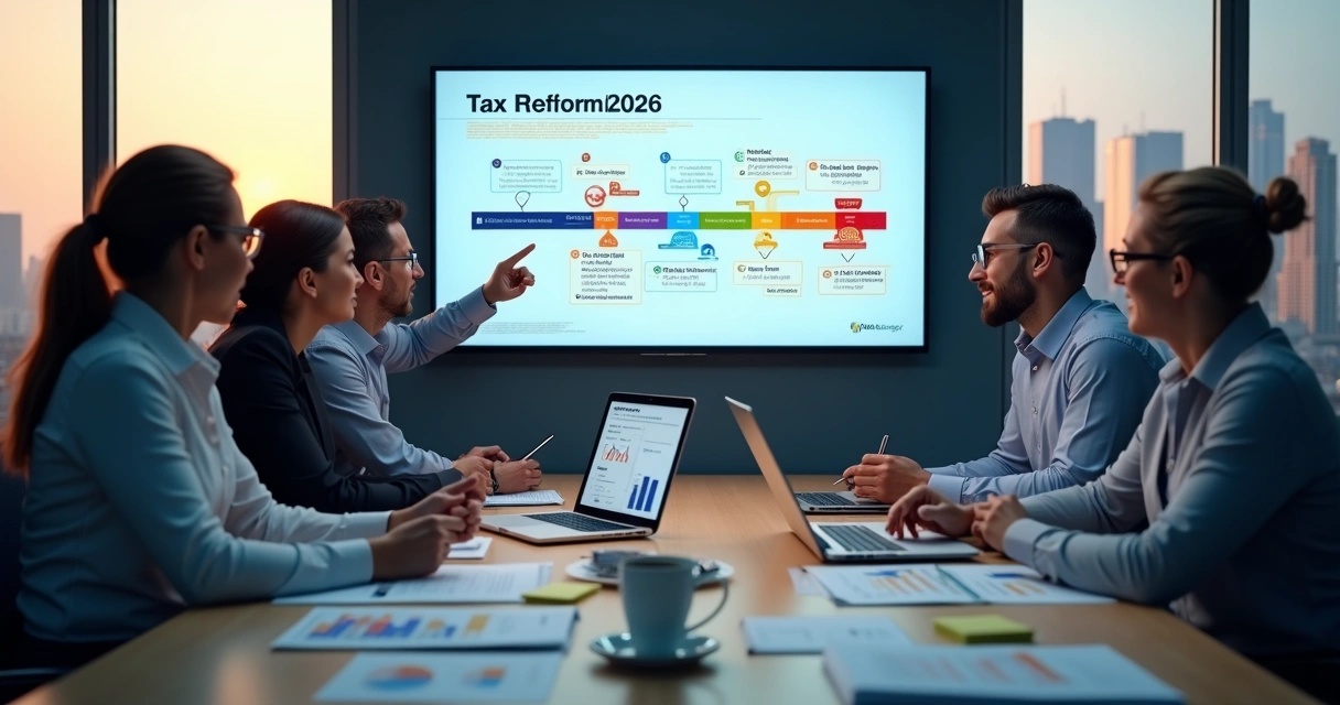 Equipe empresarial analisando cronograma de reforma tributária em 2026 em sala de reunião moderna 