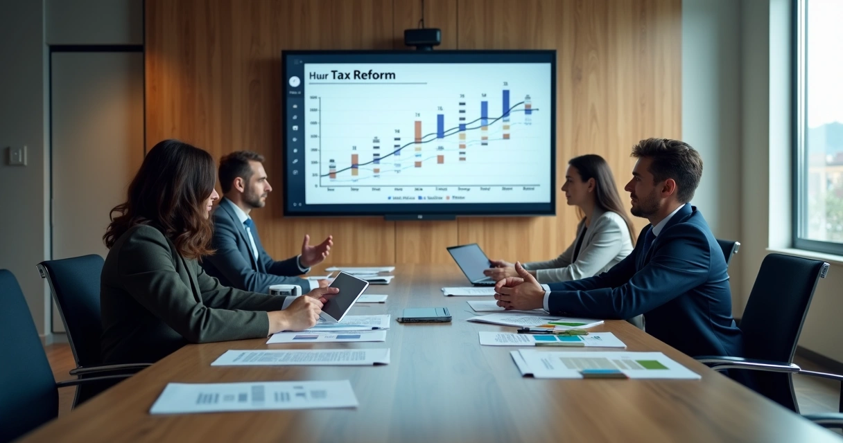 Equipe analisando cronograma da reforma tributária em sala de reunião