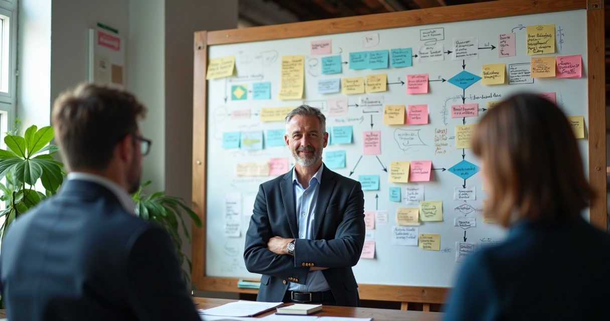 Contador à frente de quadro branco com fluxos de processos e tributos desenhados 