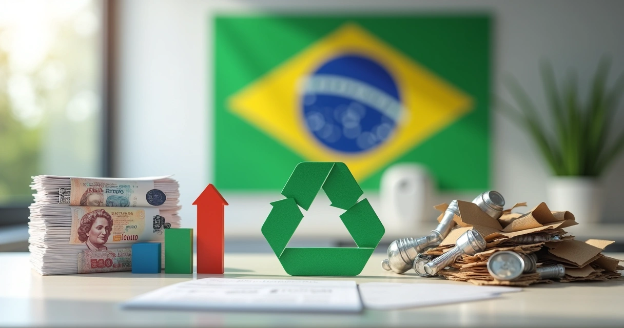 Gráfico de impostos ao lado de símbolo de reciclagem representando reforma tributária 