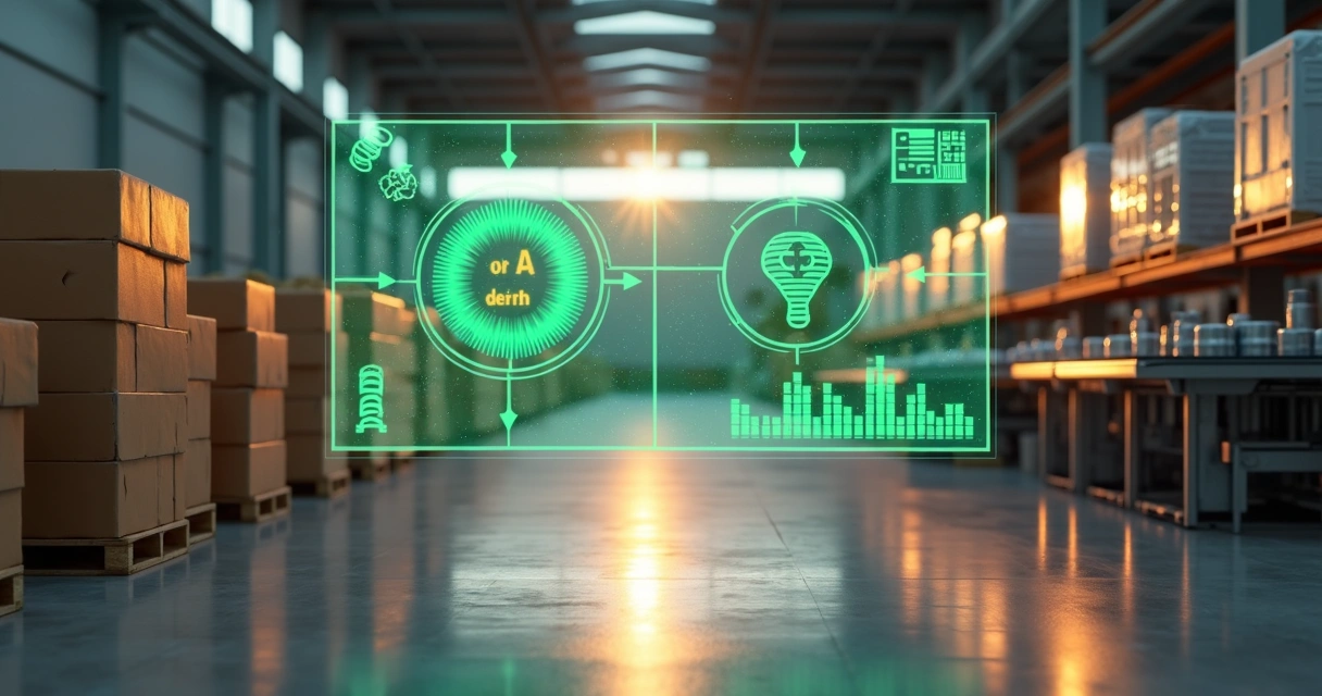 Linha de produção industrial com fardos de recicláveis ao lado de infográficos tributários digitais 