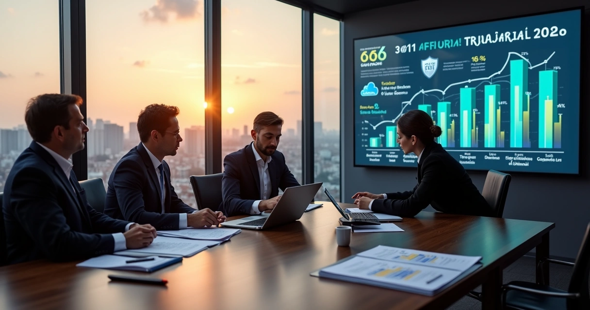 Empresários analisando gráficos de impostos e renda em 2026 em ambiente corporativo moderno 