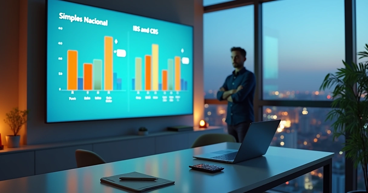 Empresário observa projeção gráfica com comparação entre Simples Nacional e novo regime tributário 