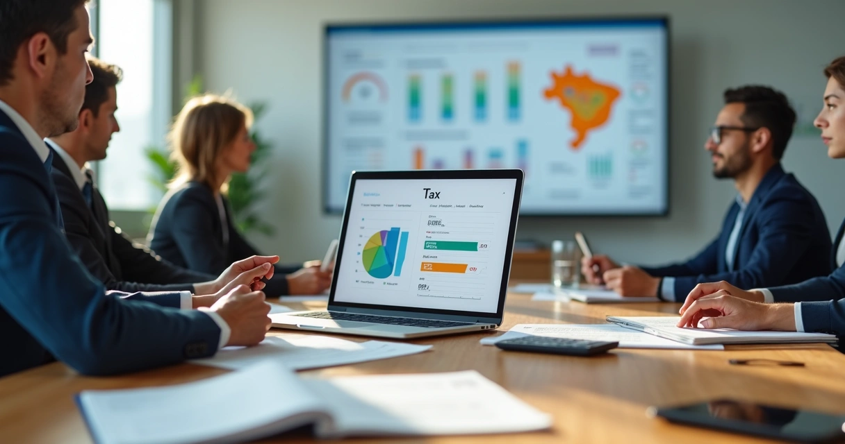 Empresários analisando gráficos fiscais sobre reforma tributária em escritório moderno 