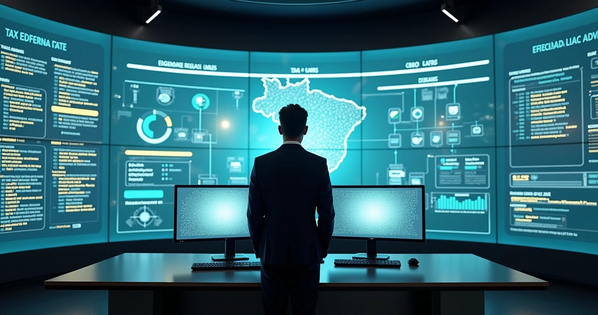 Gestor observa painel digital com integrações fiscais e cronograma de prazos tributários 