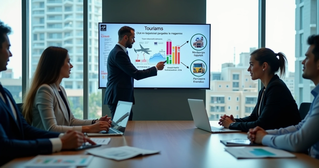 Consultor explicando novas regras tributárias a empresários do trade turístico 