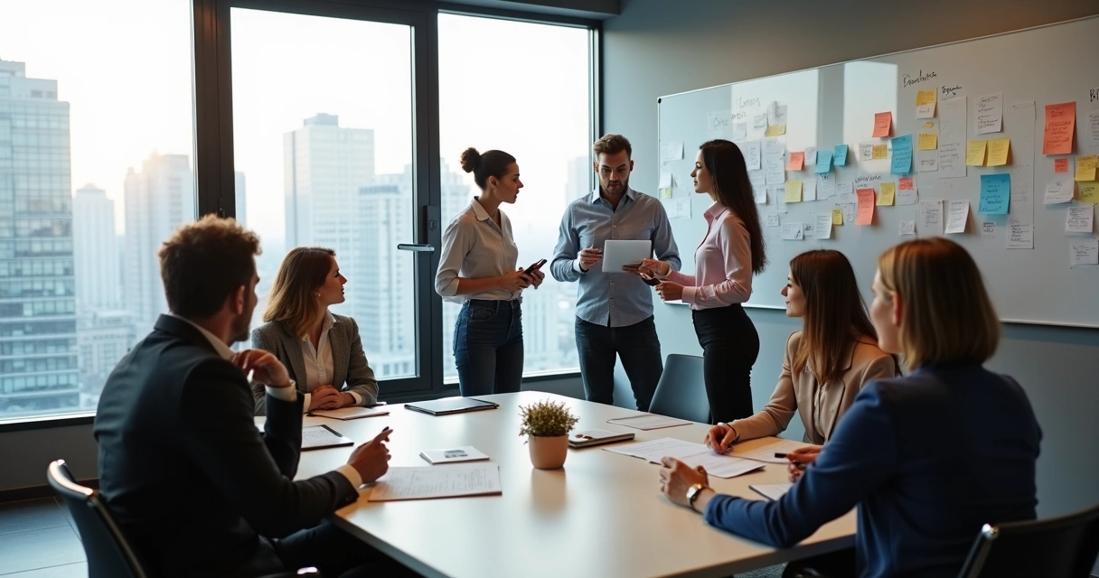 Equipo reflexionando juntos en sala de reuniones 