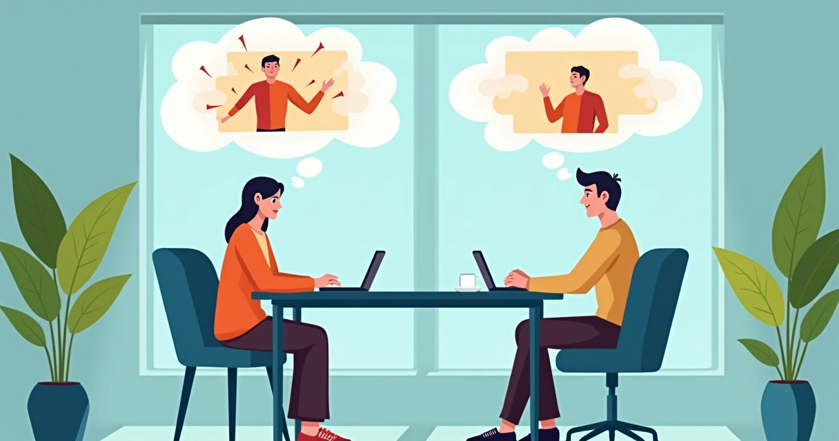 Two people facing each other with thought bubbles showing different scenes. 