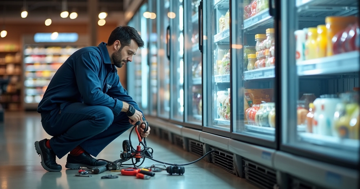 Técnico de refrigeração realizando manutenção preventiva em equipamento comercial 