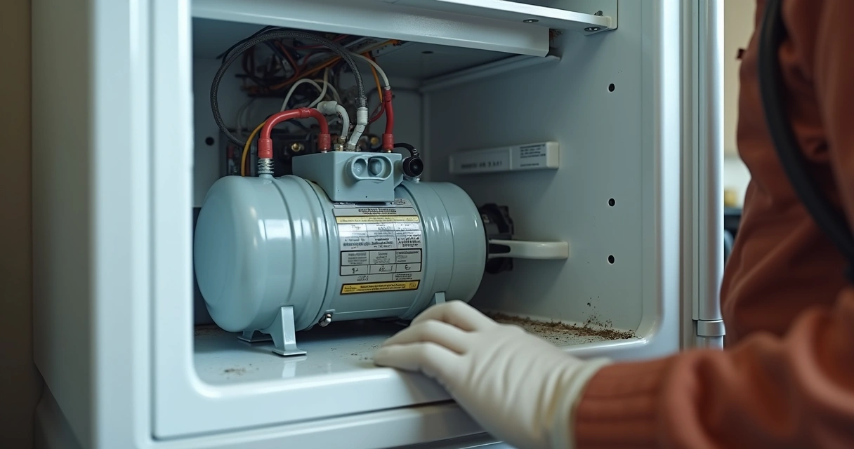 Geladeira aberta mostrando o compartimento do compressor e fios na lateral 