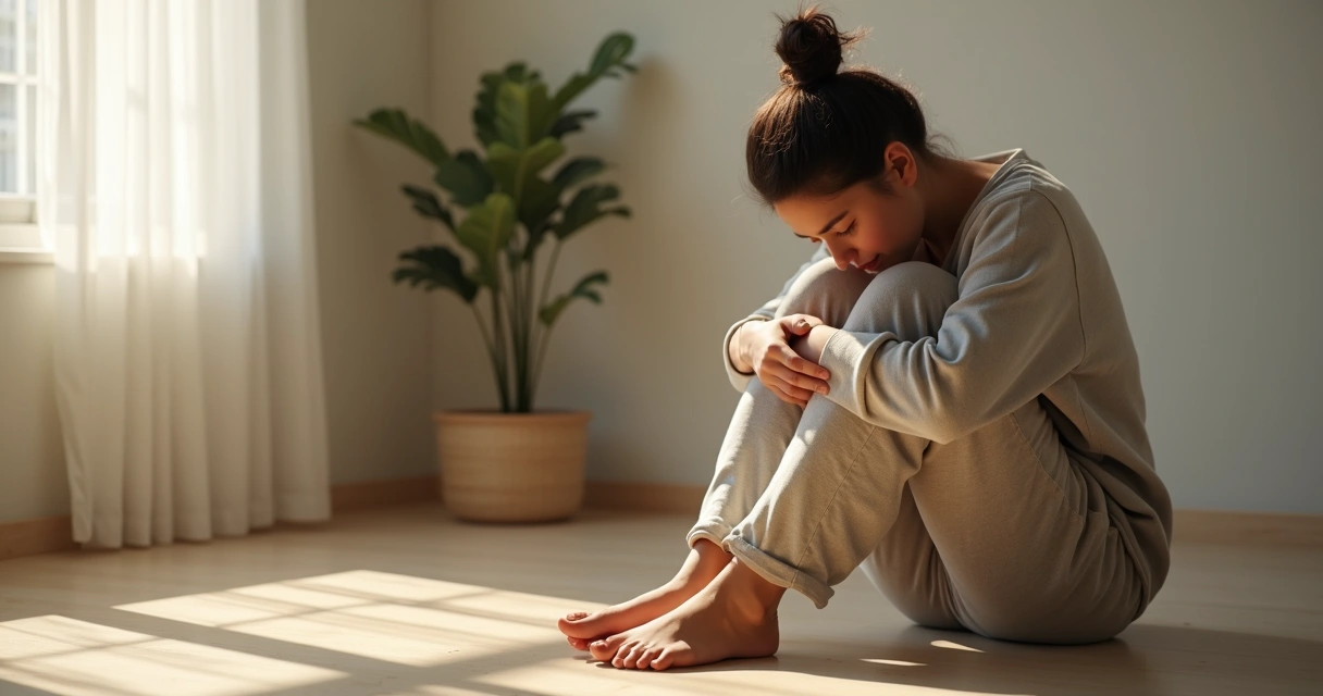Adulto sentado en el suelo abrazando sus rodillas en actitud de autocompasión 