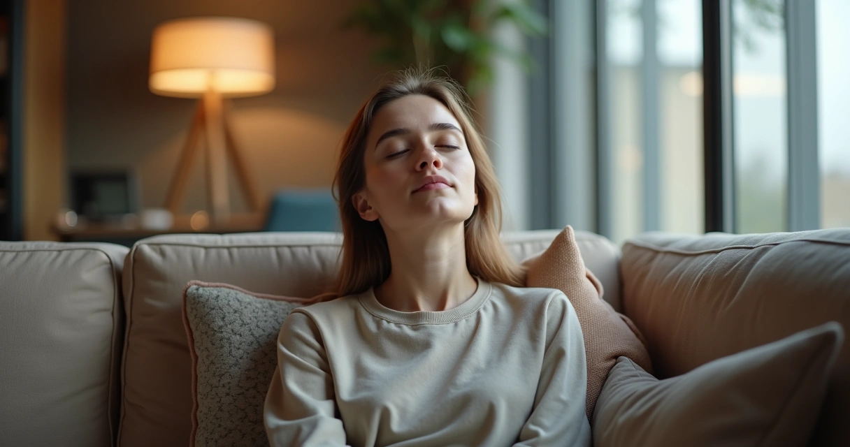 Pessoa fazendo pausa em sala tranquila, ambiente de trabalho moderno 