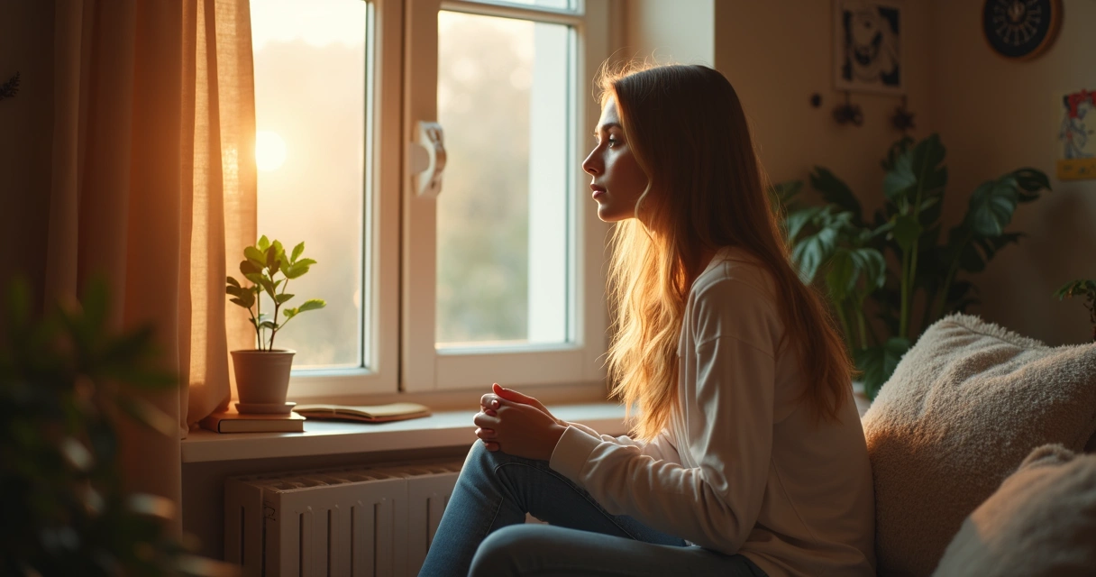 Mulher olhando pela janela, ambiente com clima introspectivo 