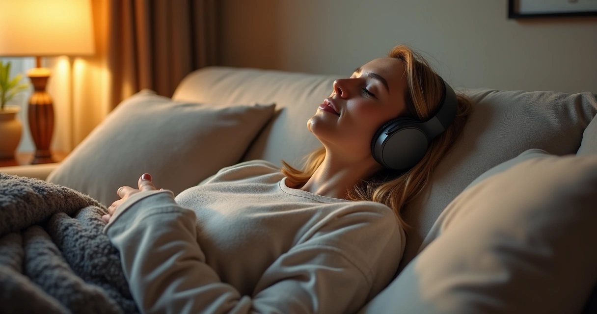 Adulto relaxando em local calmo, usando fones de ouvido com luz suave 