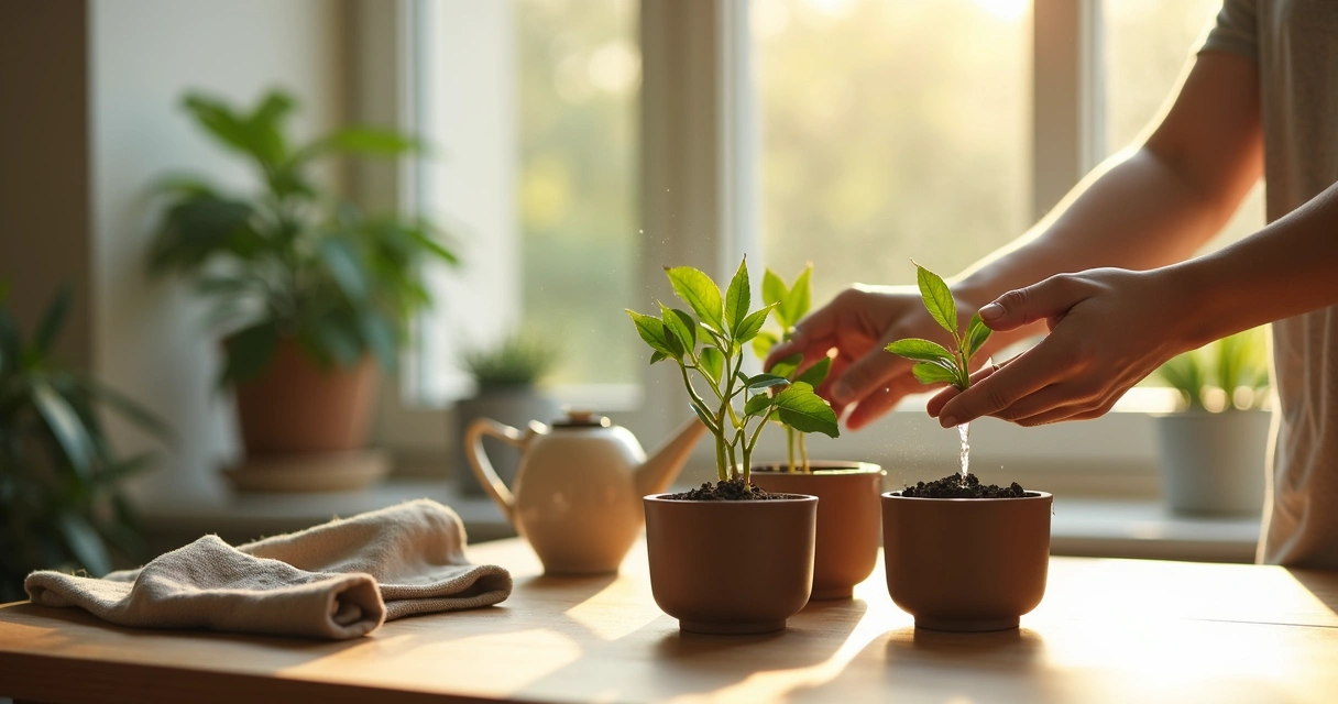 Mãos regando plantas em vaso com luz suave da manhã 