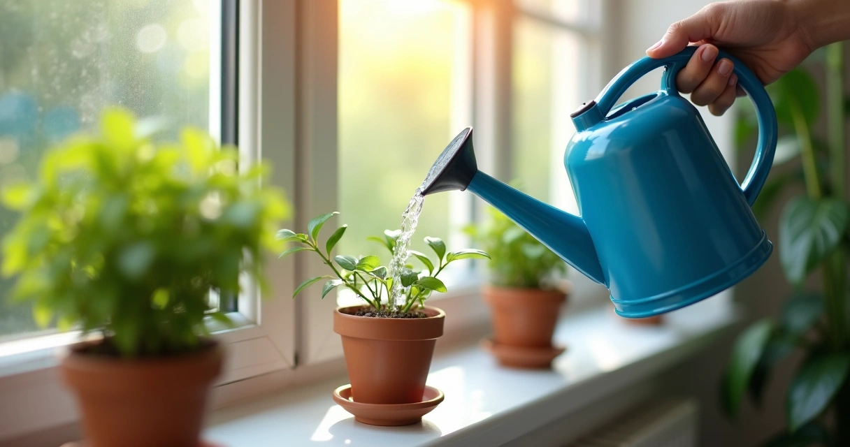Regador pequeno azul regando plantas em vaso 