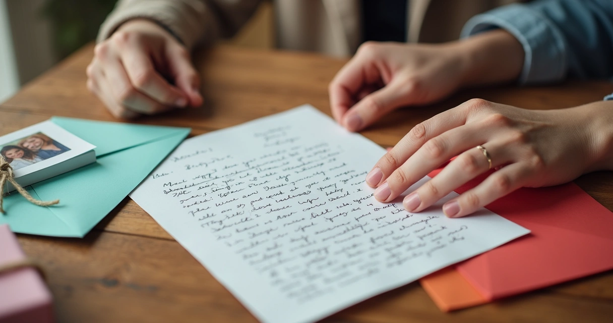 Cartas y pequeños regalos de pareja en una mesa 